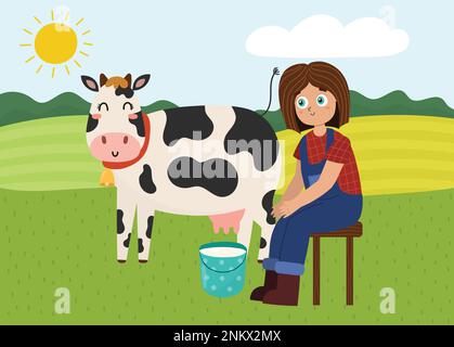 On the farm poster with cute girl milking a cow. Green meadow with farm characters Stock Vector