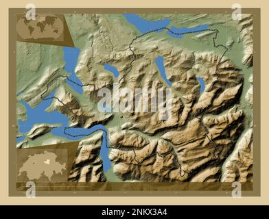 Schwyz, canton of Switzerland. Colored elevation map with lakes and rivers. Corner auxiliary location maps Stock Photo