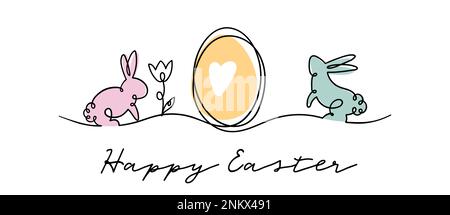 Fun rabbit one line drawing, cute Easter design for banners, cards, wallpapers Stock Vector