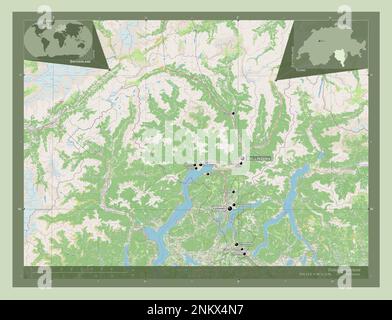 Ticino, canton of Switzerland. Open Street Map. Locations and names of major cities of the region. Corner auxiliary location maps Stock Photo