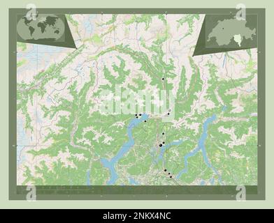 Ticino, canton of Switzerland. Open Street Map. Locations of major cities of the region. Corner auxiliary location maps Stock Photo