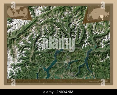 Ticino, canton of Switzerland. Low resolution satellite map. Locations and names of major cities of the region. Corner auxiliary location maps Stock Photo