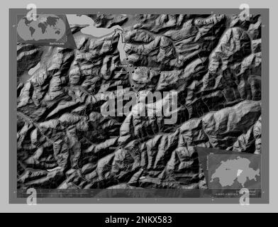 Uri, canton of Switzerland. Grayscale elevation map with lakes and rivers. Locations and names of major cities of the region. Corner auxiliary locatio Stock Photo