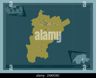 Uri, canton of Switzerland. Solid color shape. Locations and names of major cities of the region. Corner auxiliary location maps Stock Photo