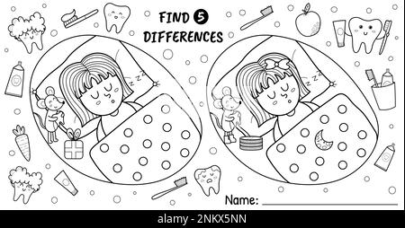 Find 5 differences activity pages for kids. Funny dental tooth maze game for school and preschool Stock Vector
