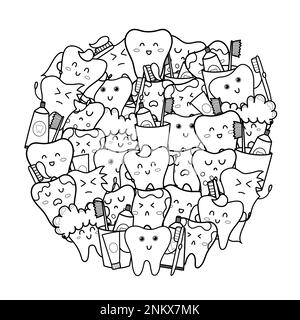 Cute teeth circle shape coloring page. Doodle mandala with funny teeth Stock Vector