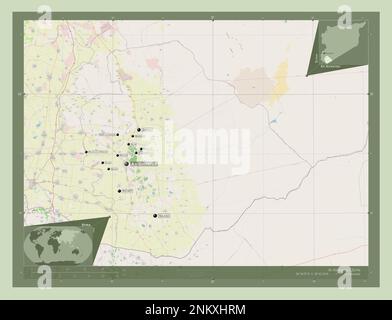 As Suwayda', province of Syria. Open Street Map. Locations and names of major cities of the region. Corner auxiliary location maps Stock Photo