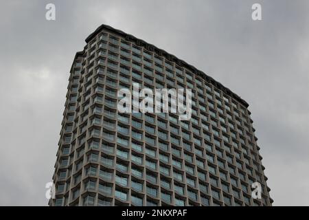 Low angle view of Centre Point Skyscraper in Central London on a typical overcast London Day. Grade II listed building, Modernist Architectural style Stock Photo