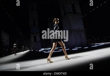 Milan, Italy. 24th Feb, 2023. Models present creations from Tod's women's Fall/Winter 2023/2024 collection during Milan Fashion Week in Milan, Italy, on Feb. 24, 2023. Credit: Jin Mamengni/Xinhua/Alamy Live News Stock Photo