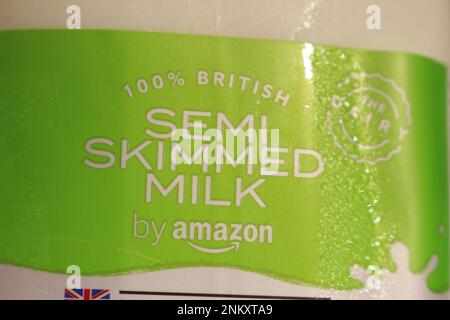 Milk from Amazon Fresh, Amazon's grocery delivery line. Amazon is shutting down its Fresh grocery delivery in some parts of the UK. Stock Photo