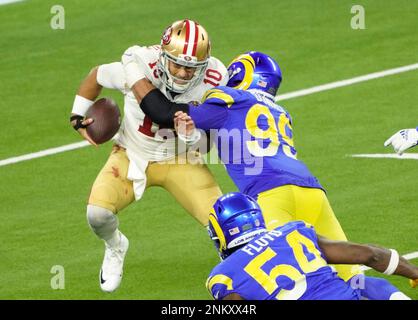 INGLEWOOD, CA - JANUARY 30: Aaron Donald #99 of the Rams during the NFC Conference  Championship game between the San Francisco 49ers and the Los Angeles Rams  on January 30, 2022, at