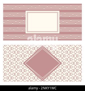 Two banner templates, patterned abstract geometric background and framed label. Two colors Packaging design, vector illustration. Monochrome trellis t Stock Vector