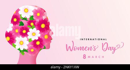 International Womens Day head girl and lettering. Women's day poster with beautiful flowers on  background in profile of woman face. Vector banner Stock Vector