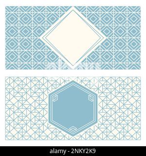 Two banner templates, patterned abstract geometric background and framed label. Two colors Packaging design, vector illustration. Monochrome trellis t Stock Vector
