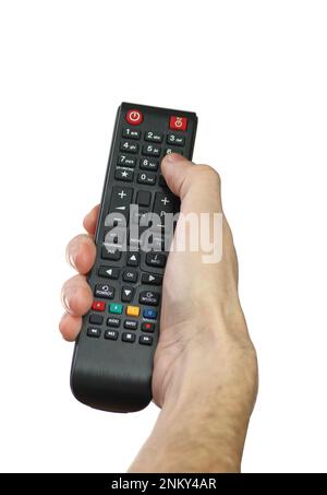 tv remote control held in hand isolated on white background Stock Photo