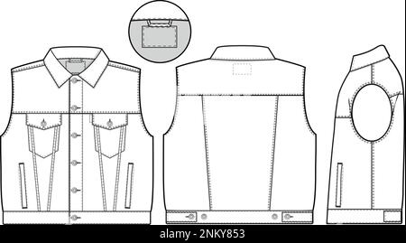 Men unisex Oversized denim jean jacket vest cutoff sleeveless Collared Flat Technical Drawing Illustration Blank Mock-up Template Fashion CAD design Stock Vector