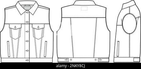 Women Oversized denim jean jacket vest cutoff sleeveless Collared Flat Technical Drawing Illustration Blank Mock-up Template fashion CAD design Stock Vector