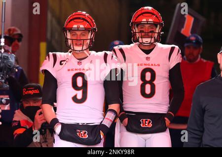 KANSAS CITY, MO - JANUARY 30: Cincinnati Bengals quarterbacks Joe Burrow  (9) and Brandon Allen (8) walk out of the tunnel before the AFC  Championship game between the Cincinnati Bengals and Kansas