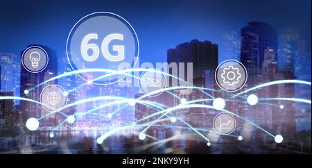 6G network wireless system. Beautiful cityscape and network connection lines Stock Photo