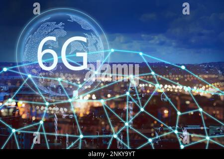 6G network wireless system. Beautiful cityscape and network connection lines Stock Photo