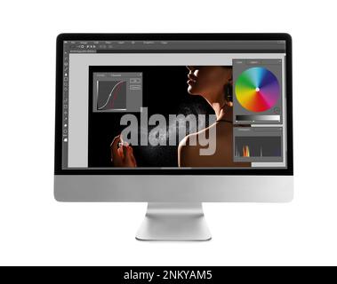 Computer with photo editor application isolated on white Stock Photo