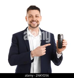 Man with modern breathalyzer on white background Stock Photo