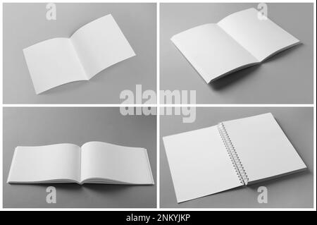 Open blank brochures on grey background, collage Stock Photo