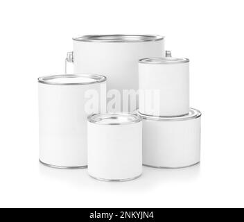 Closed blank cans of paint on white background Stock Photo - Alamy