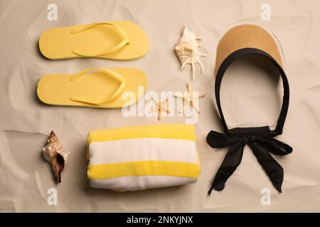 Flat lay composition with beach objects on sand Stock Photo