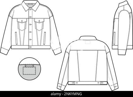 Men unisex oversized baggy denim jean jacket trucker vector flat technical drawing illustration mock-up template for design and tech packs fashion CAD Stock Vector