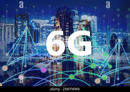 6G network wireless system. Beautiful cityscape and network connection lines Stock Photo