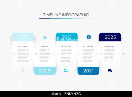 Vector simple infographic horizontal time line template with rectangle placeholders. Business company timeline overview profile with icons and text bl Stock Vector