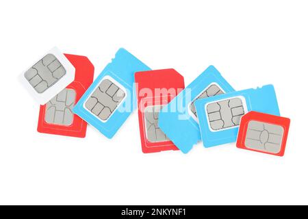Different SIM cards on white background, top view Stock Photo
