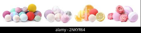 Set with aromatic bath bombs on white background. Banner design Stock Photo