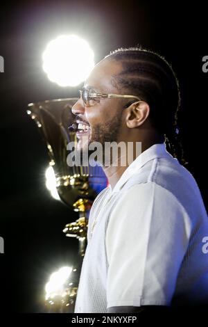 Quezon City, Philippines. 24th Feb, 2023. National Basketball Association (NBA) player Carmelo Anthony reacts during the FIBA Basketball World Cup 2023 Global Ambassador event at the Araneta Coliseum in Quezon City, the Philippines, Feb. 24, 2023. Carmelo Anthony of the United States is introduced as FIBA Basketball World Cup 2023 Global Ambassador, along with former NBA players Luis Scola of Argentina and Pau Gasol of Spain. The FIBA World Cup 2023 will tip off on August 25 in the Philippines, Japan and Indonesia. Credit: Rouelle Umali/Xinhua/Alamy Live News Stock Photo