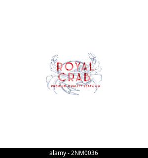 Logo template with an image of a crab drawn by graphic lines on a light background. Retro emblem for the menu of fish restaurants, markets and shops Stock Vector
