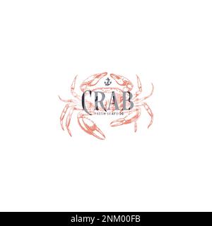 Logo template with an image of a crab drawn by graphic lines on a light background. Retro emblem for the menu of fish restaurants, markets and shops Stock Vector