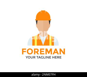 Foreman male in orange safety hard hat helmet and vest logo design. Person Profile, Avatar Symbol, Male people icon. Professional male industrial work Stock Vector