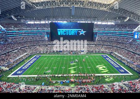 ARLINGTON, TX - JANUARY 16: A detail view of AT&T Stadium is seen during  the NFC Wild Card game between the San Francisco 49ers and the Dallas  Cowboys on January 16, 2022