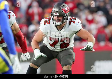 Tampa Bay Buccaneers offensive tackle Josh Wells (72) runs off the field  after an NFL football