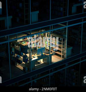 3d render, office interior at night seen through a glass window Stock Photo