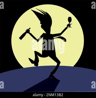 Silhouette of the man with bottle of wine and footed tumbler dancing under the moon illustration. Silhouette of the man with bottle of wine and footed Stock Vector