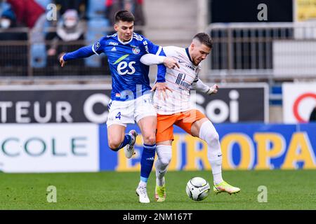 January 16 2022 Strasbourg France Strasbourg France January 16 Mihailo Ristic of Montpellier R is challenged by Karol Fila of RC Strasbourg L during the Ligue 1 Uber Eats match between