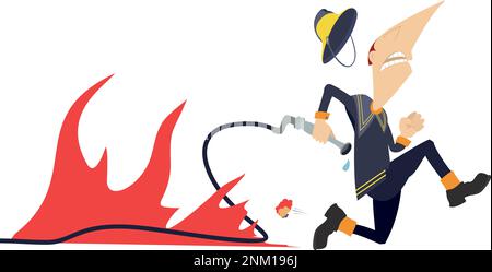 Frightened fireman runs away from the fire illustration. Frightened fireman with fire hose loses a helmet and runs away from the fire isolated Stock Vector