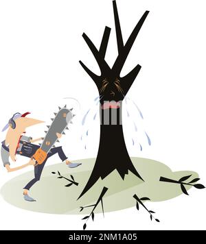 Man with chainsaw and crying tree illustration. Man with chainsaw cuts all branches of the crying tree Stock Vector
