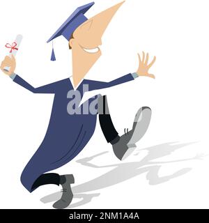 Happy adult student in mortarboard with diploma illustration. Academic dressed professor or student in mortarboard holds paper roll tied up by ribbon Stock Vector