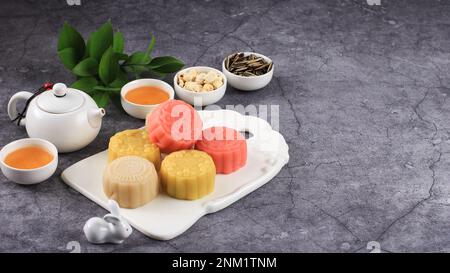 Mochi Mooncake Snowskin Moon Cake for Mid Autumn Festival, Copy Space for Text. Selected Focus Stock Photo
