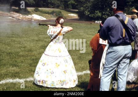 1970s America: Old time rifleman's meet, June 24, 1973, is held on the Greenfield Village green adjoining the Henry Ford Museum of Dearborn Stock Photo