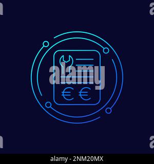 repair bills, cost icon with euro, linear design Stock Vector