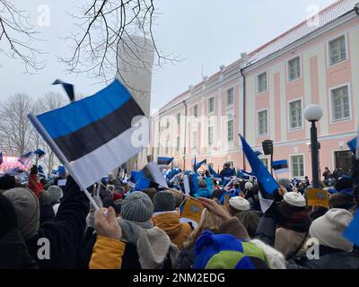 Tallinn, Estonia. 24th Feb, 2023. People gather in front of the 'Long Hermann' on which the blue-black-white national flag is hoisted during celebrations marking the 105th anniversary of the Republic of Estonia. The 'Long Hermann' is the medieval fortress tower of the castle where the Estonian Parliament is seated. Credit: Alexander Welscher/dpa/Alamy Live News Stock Photo